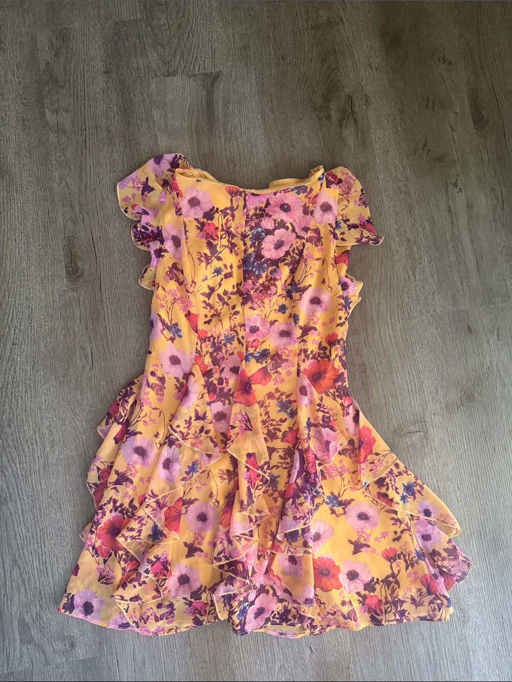 BHLDN Yellow Floral Ruffle Sundress with Pink & Purple Accents